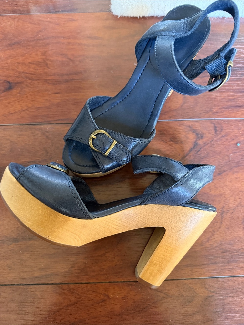 Madewell Black Navy Leather Platform Sandal with Wood Heel - Women's Sz 5
